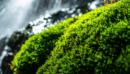 A macro photograph capturing the intricate texture of vibrant green moss on a wet rock. In the background, the soft blur of a flowing stream creates a serene and peaceful natural scene, symbolizing life, purity, and resilience.の素材