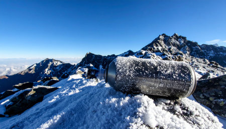 A mysterious metal cylinder, covered in frost, rests on a snowy mountain summit. This time capsule or summit register holds the stories of past adventurers, a silent testament to human endurance and the spirit of exploration against a backdrop of majestic, remote peaks under a clear sky.の素材