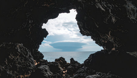Peering out from the cool darkness of a natural rock grotto, the world opens up to a serene coastal vista. The rugged, silhouetted cave walls create a perfect frame for the tranquil sea and the vast, cloud-filled sky, evoking a sense of hidden discovery and peaceful solitude.の素材