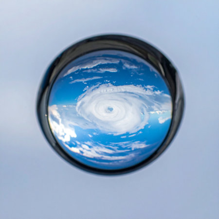A powerful hurricane churns over the ocean, its immense scale captured within the tiny, perfect sphere of a single droplet. This macro view offers a unique perspective on Earths power and fragility, symbolizing the delicate balance of our planets climate and the profound impact of natures forces.の素材