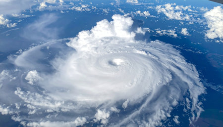From the quiet vantage point of orbit, a colossal hurricane churns over the deep blue ocean. The immense power of nature is on full display as the storms spiral arms converge on the calm, clear eye, a stark reminder of Earths dynamic and sometimes destructive weather systems.の素材
