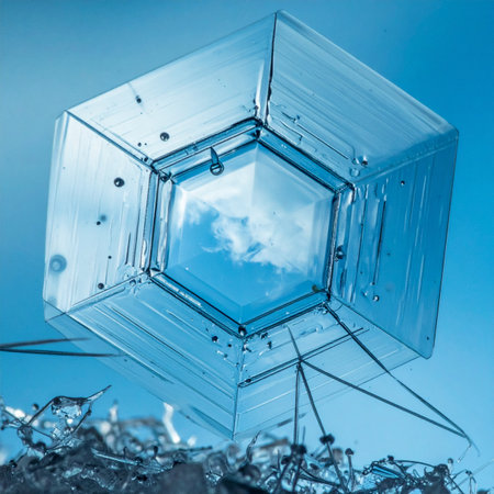 A stunning macro photograph captures the rare and intricate structure of a hollow hexagonal snowflake. Its transparent, geometric form acts like a natural lens, reflecting the blue sky and clouds within its delicate, icy walls, showcasing the unique beauty of winters frozen art.の素材