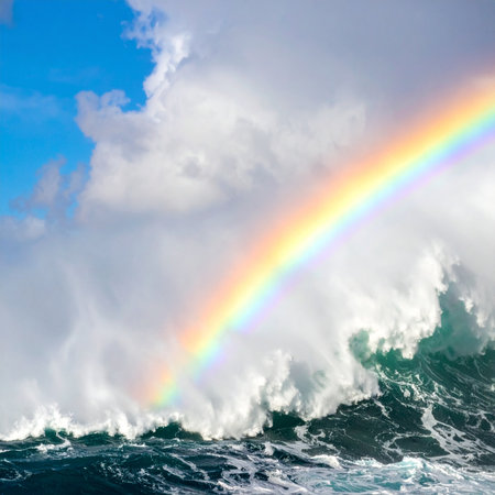 Amidst the raw power of a turbulent ocean, a massive wave crashes, sending spray high into the air. Through the mist and clouds, a vibrant rainbow emerges, creating a magical and hopeful spectacle. This is a scene of dramatic natural beauty, symbolizing promise and wonder in the face of a storm.の素材