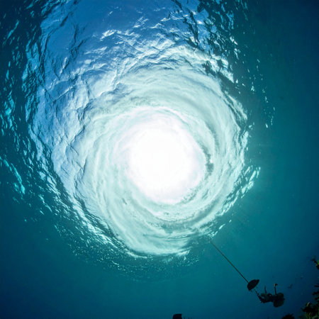 From the quiet depths of the ocean, a view upwards reveals the sun creating a swirling vortex of light on the waters surface. This serene and abstract perspective evokes a sense of peace, hope, and a journey towards the light.の素材