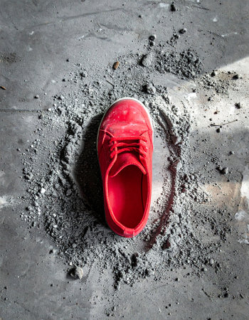 A single, vibrant red shoe sits abandoned on a gritty, gray floor, surrounded by a circle of dust and debris. The stark contrast tells a story of something lost, a journey interrupted, or a bold statement of individuality against a monochrome world. A powerful symbol of absence and presence.の素材