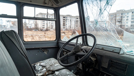 The view from the drivers seat of a derelict bus, its windshield shattered into a spiderweb of cracks. Outside, a desolate urban landscape stands silent, telling a story of conflict and abandonment. This powerful image captures the grim aftermath of destruction and the haunting stillness of a city in ruins.の素材
