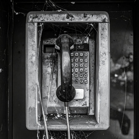 In a forgotten corner of the city, an old payphone hangs in silence, covered in layers of dust and intricate cobwebs. Its broken receiver and tangled wires tell a story of obsolescence and lost connections, a silent monument to a bygone era of communication.の素材
