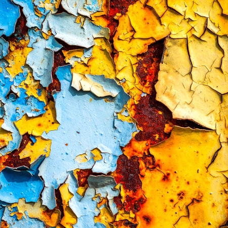 A macro view captures the beautiful decay of a forgotten surface. Layers of vibrant blue and yellow paint crack and peel away, revealing the rich, rusty texture of weathered metal beneath. This abstract image tells a story of time, neglect, and the unintentional art created by the elements.の素材