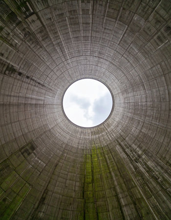 A dramatic upward perspective from within the immense, textured walls of an industrial cooling tower. The converging lines of the weathered concrete draw the eye to a perfect circle of sky, creating a powerful abstract composition that speaks to themes of scale, industry, and confinement versus freedom.の素材