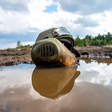 A lone gas mask, a relic from a forgotten time, lies partially submerged in a murky puddle. Its reflection stares back at a cloudy sky, a silent testament to a past disaster, environmental collapse, or the aftermath of conflict. The scene evokes a powerful sense of desolation and the enduring scars left on the landscape.の素材