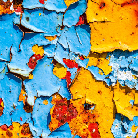 Layers of time are revealed as vibrant blue and yellow paint cracks and peels away from a rusted surface. This abstract macro shot captures the beauty of decay, offering a rich, textured background full of history and character.の素材