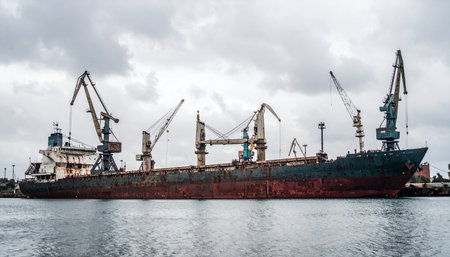 A massive, weathered cargo ship rests in the calm waters of an industrial harbor, flanked by towering cranes under a dramatic cloudy sky. This scene captures the immense scale of global logistics, maritime trade, and the relentless cycle of import and export that powers the world economy.の素材