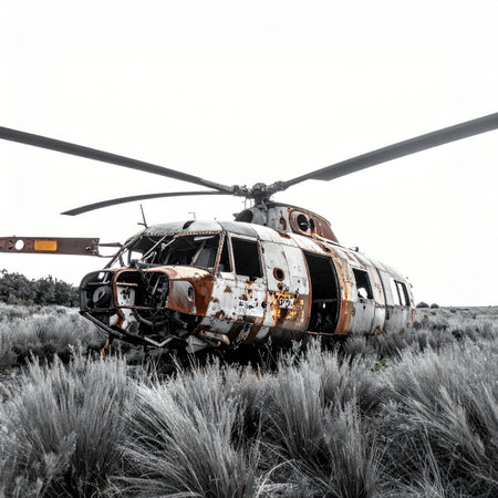 A forgotten relic of a bygone era, this rusty helicopter lies abandoned in a desolate field. Nature slowly reclaims the decaying metal, its corroded frame a stark monument to past conflicts or forgotten missions. The selective color highlights the rust and decay against a monochrome landscape, evoking a sense of post-apocalyptic solitude and the passage of time.の素材