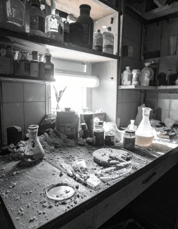 In the dusty silence of a forgotten laboratory, beakers and flasks lie scattered in disarray. A single bright light from a window illuminates the chaotic scene of a failed experiment, leaving behind a chilling mystery of what transpired in this derelict scientific workshop.の素材