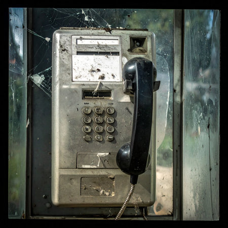 A close-up of a derelict payphone, its receiver hanging uselessly within a shattered glass booth. This powerful image of urban decay and neglect speaks to a bygone era of communication, evoking feelings of nostalgia, abandonment, and the silent stories left behind in forgotten places.の素材