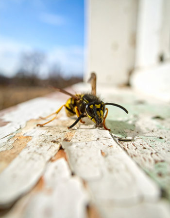 A detailed macro photograph captures a yellow jacket wasp resting on a cracked and peeling white wooden surface. The insects intricate patterns and antennae are in sharp focus, while the blurred background of a bright blue sky suggests a sunny day outdoors. This image evokes feelings of both the beauty and potential danger found in nature.の素材