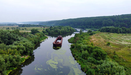 An old, weathered barge makes its slow journey down a tranquil, winding river. Seen from an aerial perspective, the vessel is enveloped by dense green forests and lush riverbanks under a soft, overcast sky, creating a scene of peaceful solitude and industrial transport meeting untouched nature.の素材