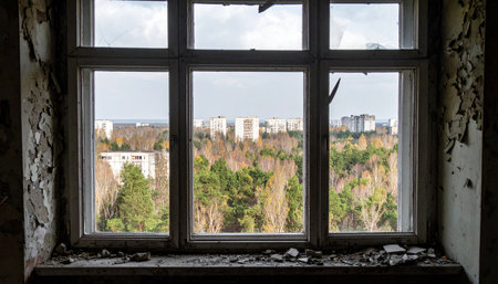 From inside a forgotten, decaying room, a grimy window frames the stark contrast between a crumbling past and the vibrant world outside. A lush forest meets a distant city skyline, creating a poignant scene of neglect, memory, and the relentless march of time.の素材