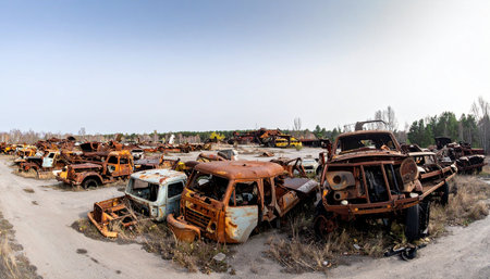 A haunting panoramic view of the vehicle graveyard in the Chernobyl Exclusion Zone. These rusted, decaying trucks and military vehicles were used in the 1986 nuclear disaster cleanup and now stand as silent, radioactive monuments to the catastrophe.の素材