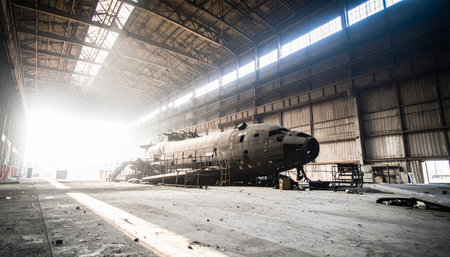 Sunlight streams into a vast, forgotten hangar, illuminating the decaying fuselage of an old transport plane. A silent testament to a bygone era of aviation, the aircraft rests in a dusty tomb, its stories lost to time.の素材