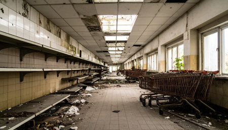 Sunlight streams through grimy windows, illuminating a scene of total desolation. Once a bustling hub of commerce, this abandoned supermarket now stands as a silent testament to collapse, with empty shelves and overturned carts telling a story of a world left behind.の素材