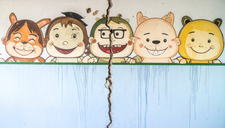A cheerful mural of smiling cartoon friends is marred by a deep crack, symbolizing broken promises, lost innocence, or the decay of a once-happy place. The image evokes feelings of nostalgia, neglect, and the bittersweet passage of time.の素材