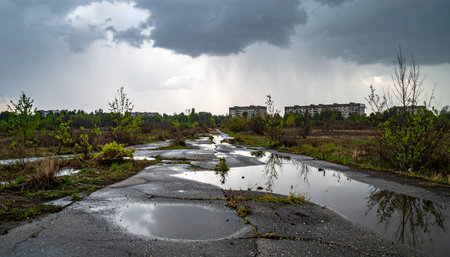 Under a heavy, dramatic sky, a cracked and forgotten road in the Chernobyl Exclusion Zone is filled with puddles reflecting the storm. Nature slowly reclaims the desolate urban landscape, a silent testament to a past catastrophe and the eerie quiet of the aftermath.の素材
