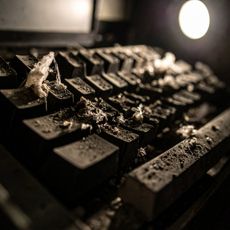 In a dark, forgotten space, the dusty and decaying keys of an old piano lie silent. A single light source illuminates the neglect, evoking a sense of lost melodies, forgotten history, and the haunting beauty found in abandonment and decay.の素材