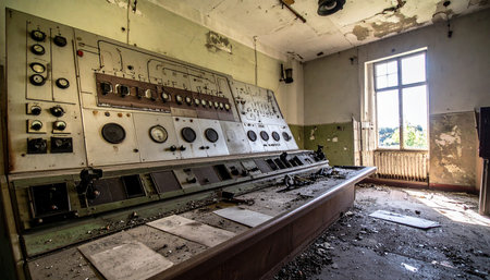 Sunlight streams through a window, illuminating dust motes dancing over a forgotten control panel. Once the nerve center of a bustling factory, its gauges and switches now stand silent, a testament to a bygone era of industrial might, slowly being reclaimed by time and decay.の素材