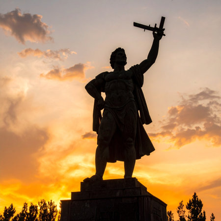 The silhouette of a heroic aviator statue stands tall against a dramatic, fiery sunset. This powerful monument, a tribute to pioneers of flight, symbolizes courage, ambition, and the enduring spirit of exploration against a backdrop of a beautiful golden hour sky.の素材