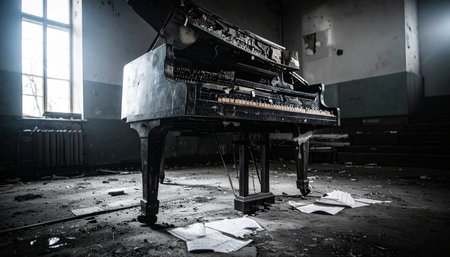 In a dust-filled hall where time stands still, a derelict grand piano sits as a silent monument to forgotten melodies. Sunlight streams through a grimy window, illuminating the broken keys and scattered sheet music, hinting at the beautiful music that once echoed in this now desolate space. Its a haunting scene of decay and lost art.の素材