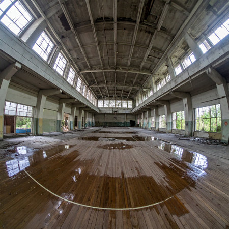 A wide-angle, fisheye perspective captures the haunting silence of a long-abandoned school gymnasium. Puddles of water reflect the decaying ceiling on the warped wooden floor, telling a story of forgotten games and the relentless passage of time. The eerie light filtering through the large windows illuminates a scene of desolation and neglect.の素材