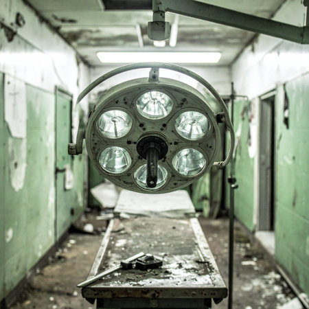 A chilling perspective down a decaying corridor in an abandoned hospital. A large, multi-lensed surgical lamp looms over a derelict operating table, the last witness to forgotten procedures. This scene evokes a sense of horror, mystery, and the unsettling passage of time, perfect for thriller or post-apocalyptic themes.の素材
