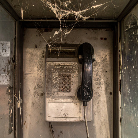 A silent relic from a bygone era, this abandoned public telephone hangs in its derelict booth, shrouded in dust and intricate cobwebs. The forgotten receiver waits for a call that will never come, a poignant symbol of obsolete technology and the inexorable passage of time.の素材