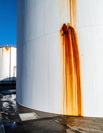 A stark white industrial storage tank stands against a clear blue sky, its clean surface marred by a vivid orange rust stain. The dripping corrosion tells a story of time, weather, and neglect, highlighting the constant need for maintenance and the inevitable decay within heavy industry.の素材