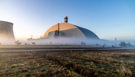 As the sun rises, its warm light cuts through the morning mist, illuminating the imposing dome of a nuclear reactor. Steam billows gently, blending with the fog, creating a powerful and atmospheric scene that speaks to the intersection of modern energy production and the natural world.の素材