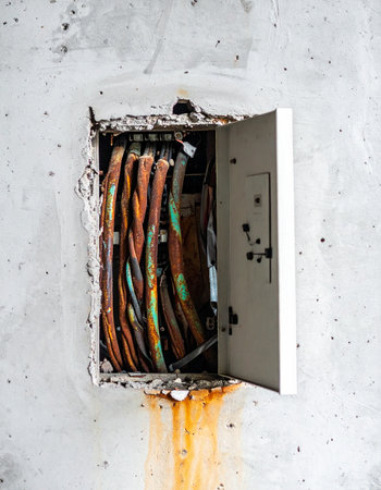 The aftermath of a critical failure. Melted and charred wires inside a rusted electrical panel tell a story of overload and neglect. A stark visual reminder of electrical hazards, system breakdowns, and the importance of safety and maintenance.の素材