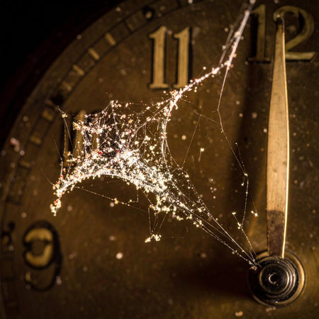 In the quiet dark, an ancient clock face is frozen in time, its hands ensnared by a delicate, dusty spiderweb. The hands point near the final hour, symbolizing the end of an era, a forgotten memory, or the suspenseful moments before a significant deadline. Its a powerful metaphor for the passage of time, neglect, and the beautiful decay of things left behind.の素材