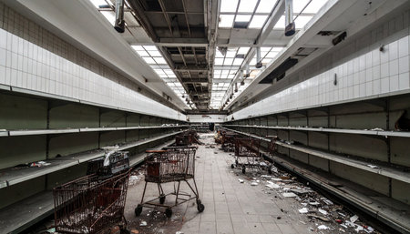A haunting view down a flooded aisle in a long-forgotten supermarket. Empty shelves stretch into the distance, reflecting in the murky water filled with debris. A lone shopping cart stands as a silent witness to a past disaster, creating a powerful image of post-apocalyptic decay and economic collapse.の素材