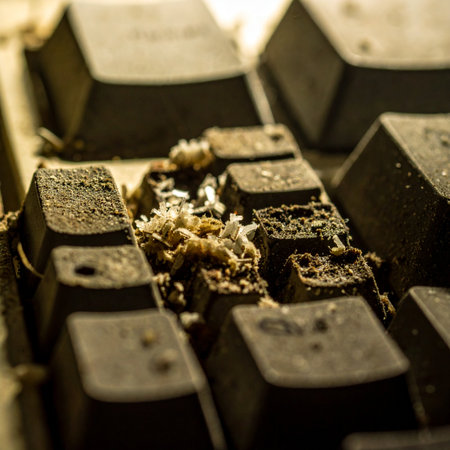 A macro view reveals the hidden world of neglect within a forgotten computer keyboard. Crumbs, dust, and mold create a landscape of decay, symbolizing obsolescence and the unhygienic side of technology.の素材