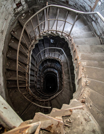 Looking down from the top, a decaying spiral staircase twists endlessly into a dark, unknown abyss. Each crumbling step and rusted railing tells a story of abandonment and forgotten times, creating a sense of suspense and mystery for what lies below.の素材