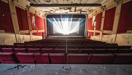 In the silent, decaying hall of a long-forgotten cinema, a mysterious light emanates from the screen, playing a final, ghostly show to an audience of empty seats. The air is thick with dust and nostalgia, a tribute to the golden age of movies and the stories left behind.の素材