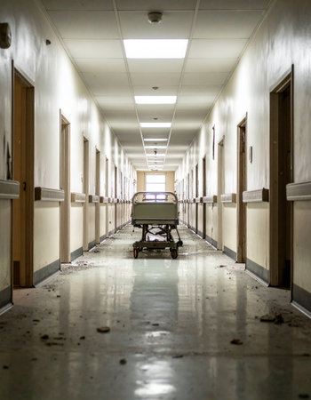 A lone gurney sits abandoned in the center of a long, decaying hospital corridor. Debris litters the floor and the silent, empty rooms hint at a forgotten past, creating a chilling and unsettling atmosphere of desolation and mystery.の素材