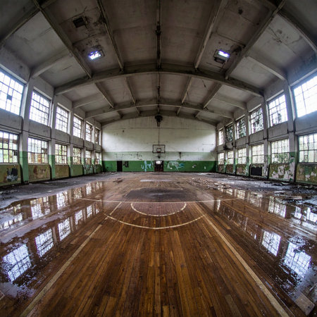 A wide-angle view captures the haunting silence of an abandoned school gymnasium. Reflections on the damp, wooden basketball court mirror the decaying walls and broken windows, telling a story of forgotten games and faded memories. The empty space echoes with a nostalgic and eerie atmosphere.の素材