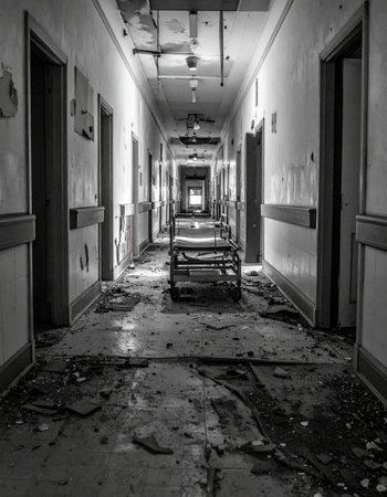 A lone gurney sits in the center of a long, decaying corridor of an abandoned mental hospital. Debris litters the floor and paint peels from the walls, creating a chilling and desolate atmosphere perfect for horror or thriller themes. The black and white tones enhance the sense of dread and forgotten history.の素材
