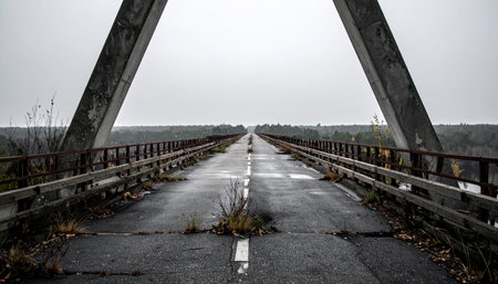 A symmetrical view down an old, abandoned bridge with a cracked road and weeds growing through. The bleak, overcast sky enhances the desolate, post-apocalyptic mood, evoking feelings of loneliness, decay, and the passage of time.の素材