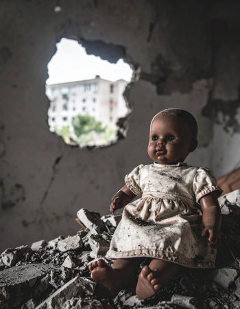 A lone, dirty doll sits silently among the debris of a destroyed building, a poignant symbol of lost innocence and the devastating impact of war. Through a gaping hole in the wall, the outside world is a stark reminder of the conflict that has passed through, leaving behind only remnants of a forgotten childhood.の素材
