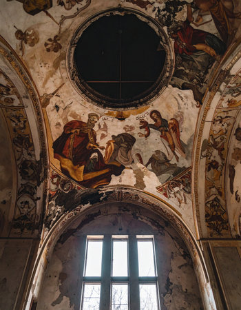 Sunlight streams through a high arched window, illuminating the faded grandeur of a forgotten sanctuary. On the vaulted ceiling, remnants of once-vibrant frescoes tell a silent story of devotion and the inevitable passage of time, their beauty slowly surrendering to decay.の素材
