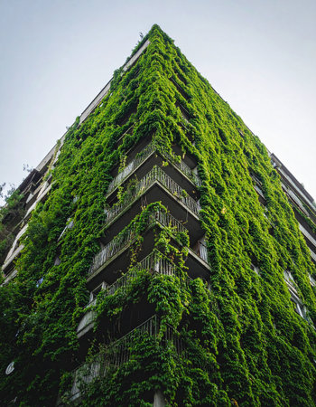 From a low angle, a modern architectural structure is transformed into a living, breathing entity. A dense blanket of green ivy climbs the facade, merging concrete and nature in a powerful statement of sustainable urban living and biophilic design. This is the future of cities, where buildings contribute to the ecosystem.の素材