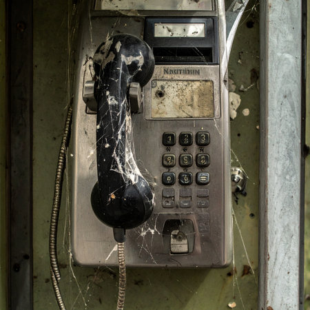 A relic of a bygone era, this abandoned payphone hangs in silence, covered in layers of dust and intricate cobwebs. Once a vital link, it now stands as a forgotten monument to outdated technology, evoking a sense of nostalgia and urban decay.の素材